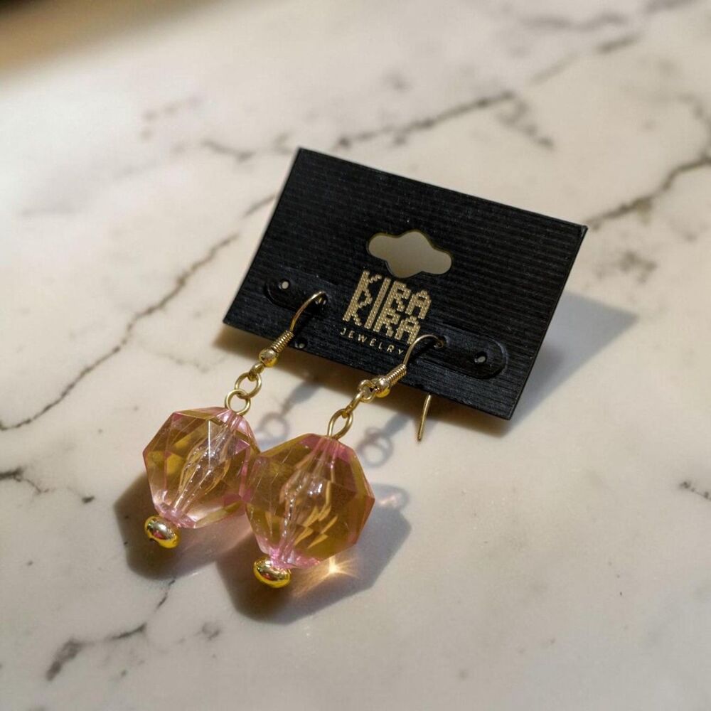Kira Kira Pink Faceted Bead Dangle Earrings, Gold Tone Drop Earrings, Y2K Look